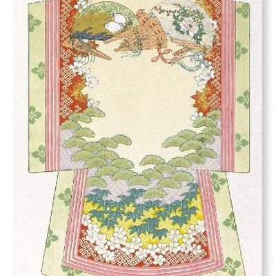 KIMONO OF LUCKY SYMBOLS AND WOODEN FANS 1899  2xPrints