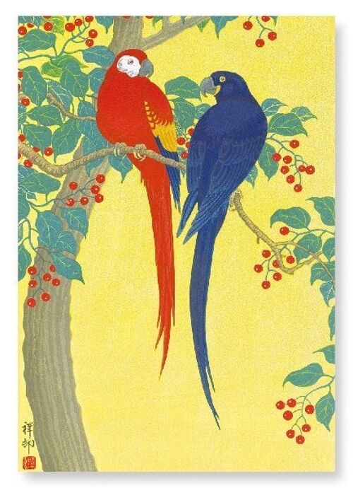 TWO PARROTS AND BERRIES Japanese Art Print
