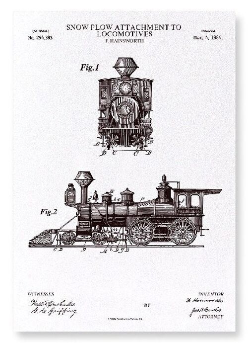 PATENT OF SNOW PLOW ON LOCOMOTIVES 1884  Art Print