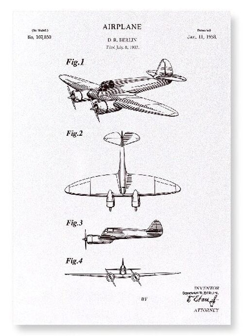 PATENT OF AIRPLANE 1938  Art Print