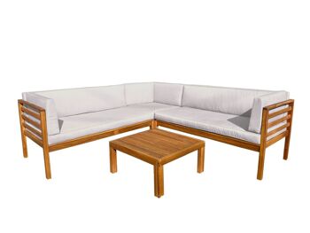 Ensemble de terrasse de jardin ALTAIR BLANCO avec 1 canapé (Avec coussins) + 1 table basse en acacia par 7H Seven House