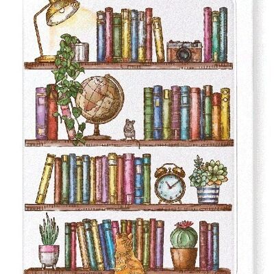 BOOKSHELF WITH CAT AND MOUSE Greeting Card