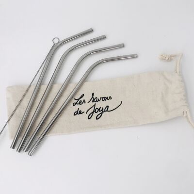 Set of 4 angled stainless steel straws with brushes