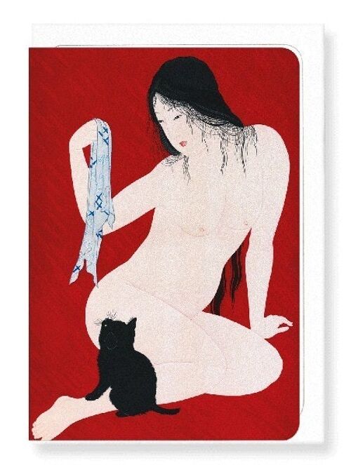 NUDE WITH BLACK CAT C.1930 Japanese Greeting Card