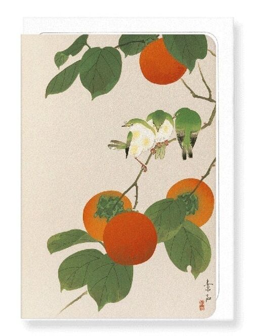 WHITE-EYE BIRDS AND PERSIMMON FRUITS Japanese Greeting Card