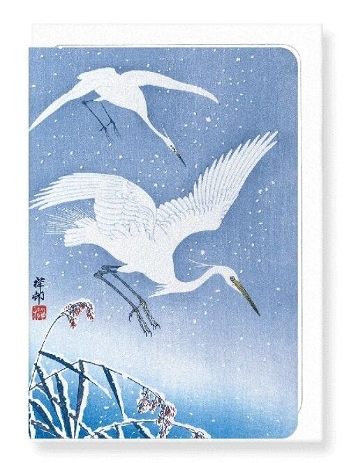 EGRETS DESCENDING IN SNOW Japanese Greeting Card