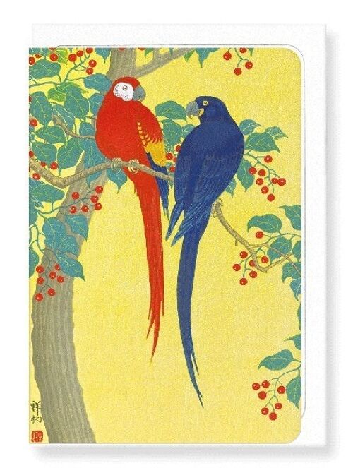 TWO PARROTS AND BERRIES Japanese Greeting Card