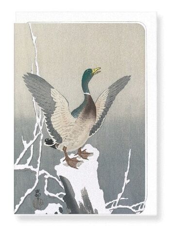 CANARD SUR SNOWY TREE STUMP Japonais Carte de vœux 1