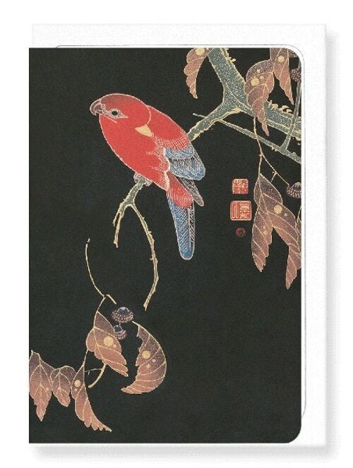 RED PARROT ON A BRANCH C.1900  Japanese Greeting Card