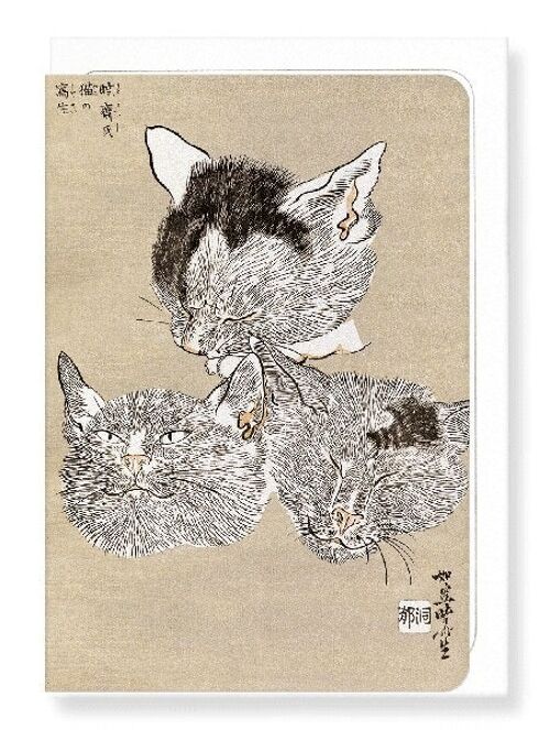 THREE CAT HEADS C.1880  Japanese Greeting Card