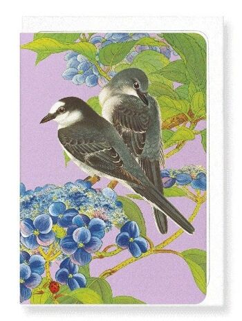 OISEAUX MINIVET CENDRÉS AVEC HYDRANGEA C.1930 Japonais Carte de vœux 1