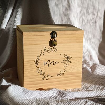 Urna de madera clara "Gracias" con candado - Gatito de madera "Gracias" - Urna de boda de madera - Cumpleaños - Bautismo - Comunión - Jubilación