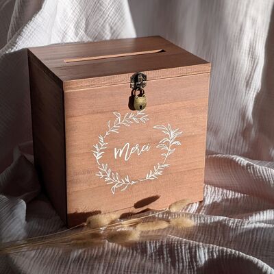 Dark wooden urn "Thank you" with padlock - Wooden kitty "Thank you" - Wooden wedding urn - Birthday - Baptism - Communion - Retirement