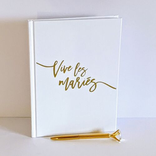 Livre d'or mariage + stylo "Vive les mariés" - Wedding Guest Book - Livre d'or blanc et doré mariage original - 68 pages, couverture rigide