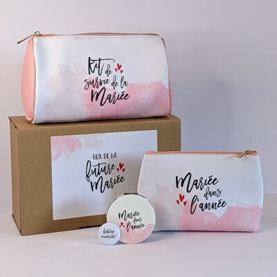 Braut-zu-sein-Box | Set mit 4 Accessoires: Clutch, Spiegel, Abzeichen + Survival-Kit für die Braut | Hochzeitsbox - Brautgeschenk - Bride to be