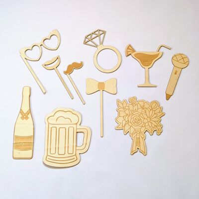 10 Photobooth Props Wedding, Party, Birthday - Wooden | Mustache, Bow Tie, Mouth, Glasses, Beer (...)