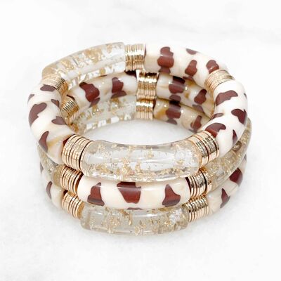 Trendy elastic bracelet with acrylic tubes and flat beads in brass gilded with fine 14K gold