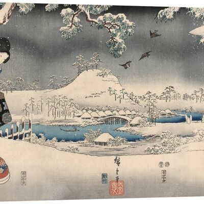 Japanische Malerei auf Leinwand: Ando Hiroshige, Schneelandschaft mit einer Frau und einem Mann, 1853