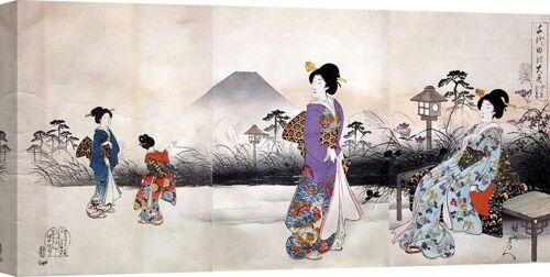 Quadro giapponese, stampa su tela: Toyohara, Donne Giapponesi passeggiano davanti al monte Fuji
