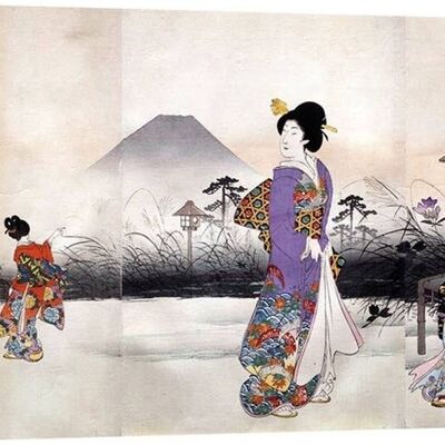 Marco japonés, impresión sobre lienzo: Toyohara, Mujeres japonesas paseando frente al monte Fuji