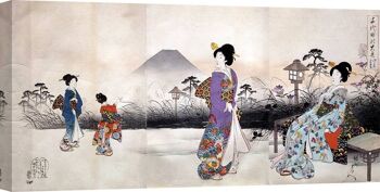 Cadre japonais, estampe sur toile : Toyohara, Japonaises se promenant devant le Mont Fuji 1