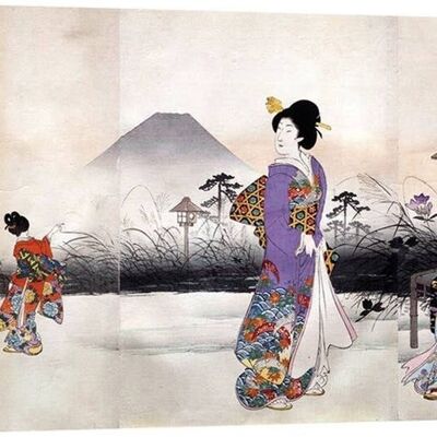 Quadro giapponese, stampa su tela: Toyohara, Donne Giapponesi passeggiano davanti al monte Fuji