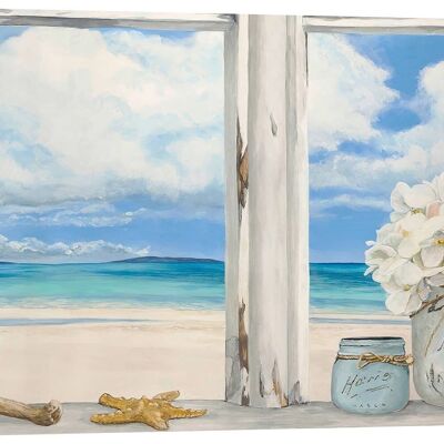 Quadro, Trompe-l'oeil, su tela: Remy Dellal, Finestra con vista sulla spiaggia