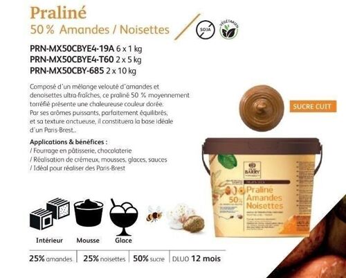 CACAO BARRY - PRALINE CARAMELISE AMANDES NOISETTES 50 %  seau 10kg