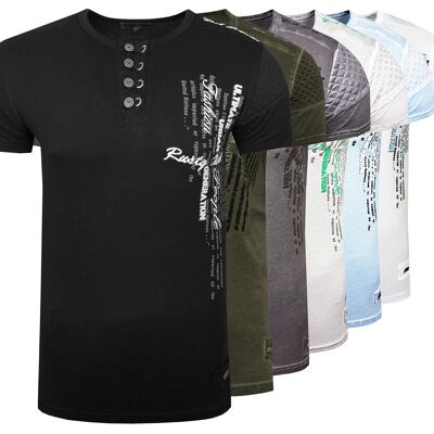 T-Shirt Herren Rundhals mit Knopfleiste Verwaschen in Used Optik Kurzarm Tee Shirt 6784