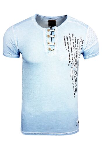 T-shirt homme col rond avec patte de boutonnage délavé en optique usée tee shirt manches courtes 6784 10