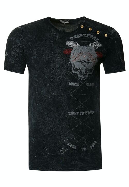 T-Shirt Herren Verwaschen Plakativer Print Rundhals mit Knopfleiste Skull S M L XL XXL 3XL 15262