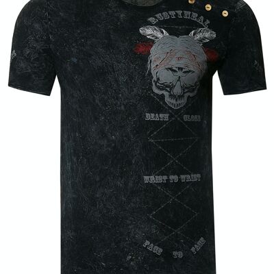 T-Shirt Herren Verwaschen Plakativer Print Rundhals mit Knopfleiste Skull S M L XL XXL 3XL 15262