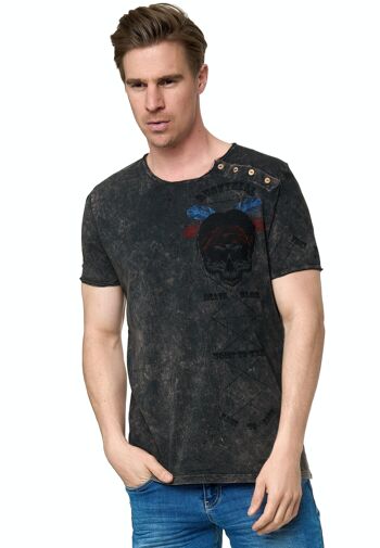 T-shirt homme col rond imprimé audacieux délavé avec bande de boutons tête de mort S M L XL XXL 3XL 15262 15