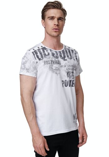 T-shirt col rond double patte de boutonnage avec grand imprimé devant délavé au look usé 15273 7