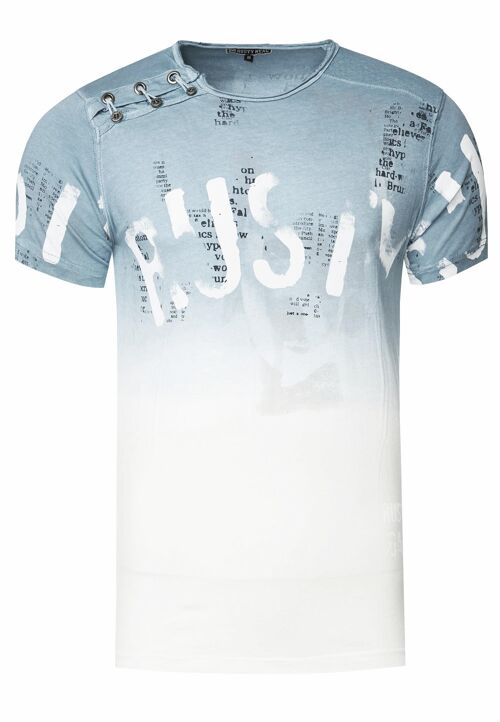 Herren T-Shirt mit Seitlicher Knopfleiste Verwaschen mit Farbverlauf Rundhals Stretch Herren-T-Shirt Casual Fit 15288