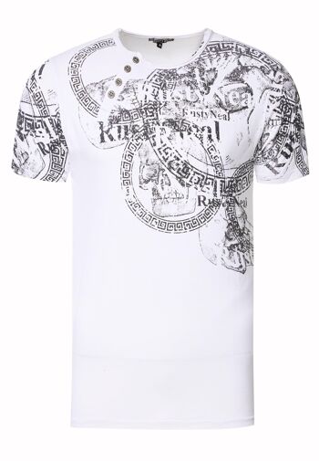 T-shirt pour homme S M L XL XXL 3XL Chemise à col rond coupe classique avec patte de boutonnage asymétrique devant et dos imprimé tête de mort look usé 15291 1