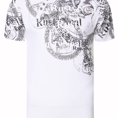 T-Shirt Herren S M L XL XXL 3XL Regular-Fit Rundhals Shirt mit Asymmetrisch -Knopfleiste Front & Back Print Skull Used-Look 15291