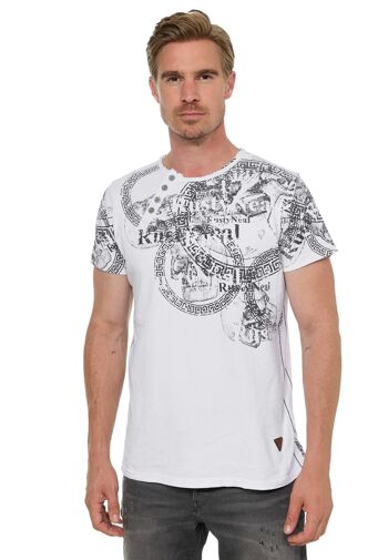 T-shirt pour homme S M L XL XXL 3XL Chemise à col rond coupe classique avec patte de boutonnage asymétrique devant et dos imprimé tête de mort look usé 15291 3