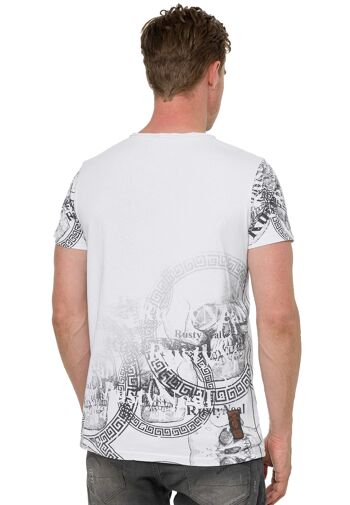 T-shirt pour homme S M L XL XXL 3XL Chemise à col rond coupe classique avec patte de boutonnage asymétrique devant et dos imprimé tête de mort look usé 15291 4