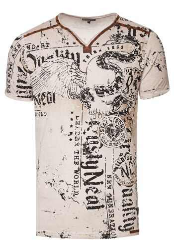 T-shirt pour homme S M L XL XXL 3XL Sangle en daim avec rivets décoratifs Col en V Look usé délavé Coupe régulière Skull X Wings X Snake Print 15297 5