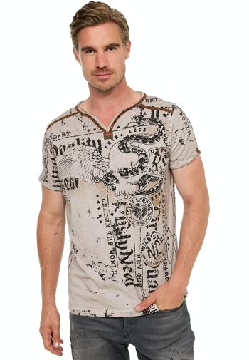 T-shirt pour homme S M L XL XXL 3XL Sangle en daim avec rivets décoratifs Col en V Look usé délavé Coupe régulière Skull X Wings X Snake Print 15297 7