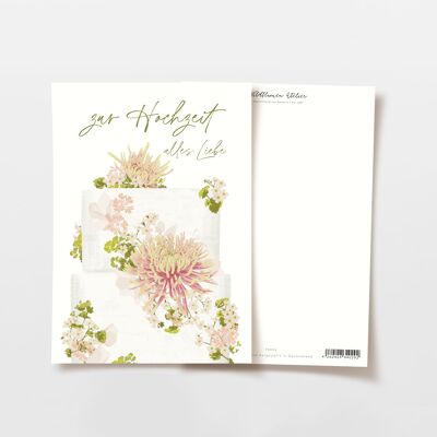 Gâteau de mariage de carte postale avec des fleurs, certifié FSC