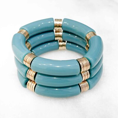 Trendy elastic bracelet with acrylic tubes and flat beads in brass gilded with fine 14K gold