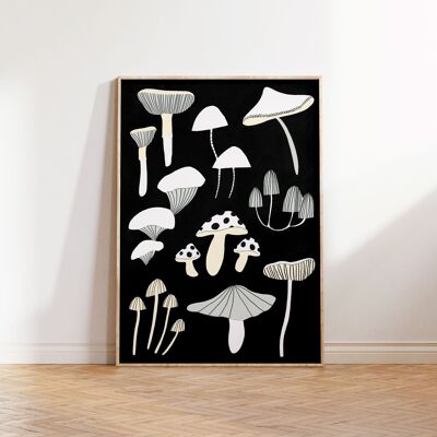 Impression d'art champignon noir et blanc | Monochrome | Champignons | A5 A4 A3