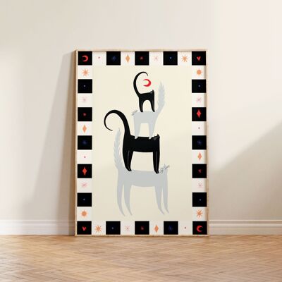 Katze Freunde Kunstdruck | Katze-Dekor | Kinderzimmer Wandkunst | A5 A4 A3