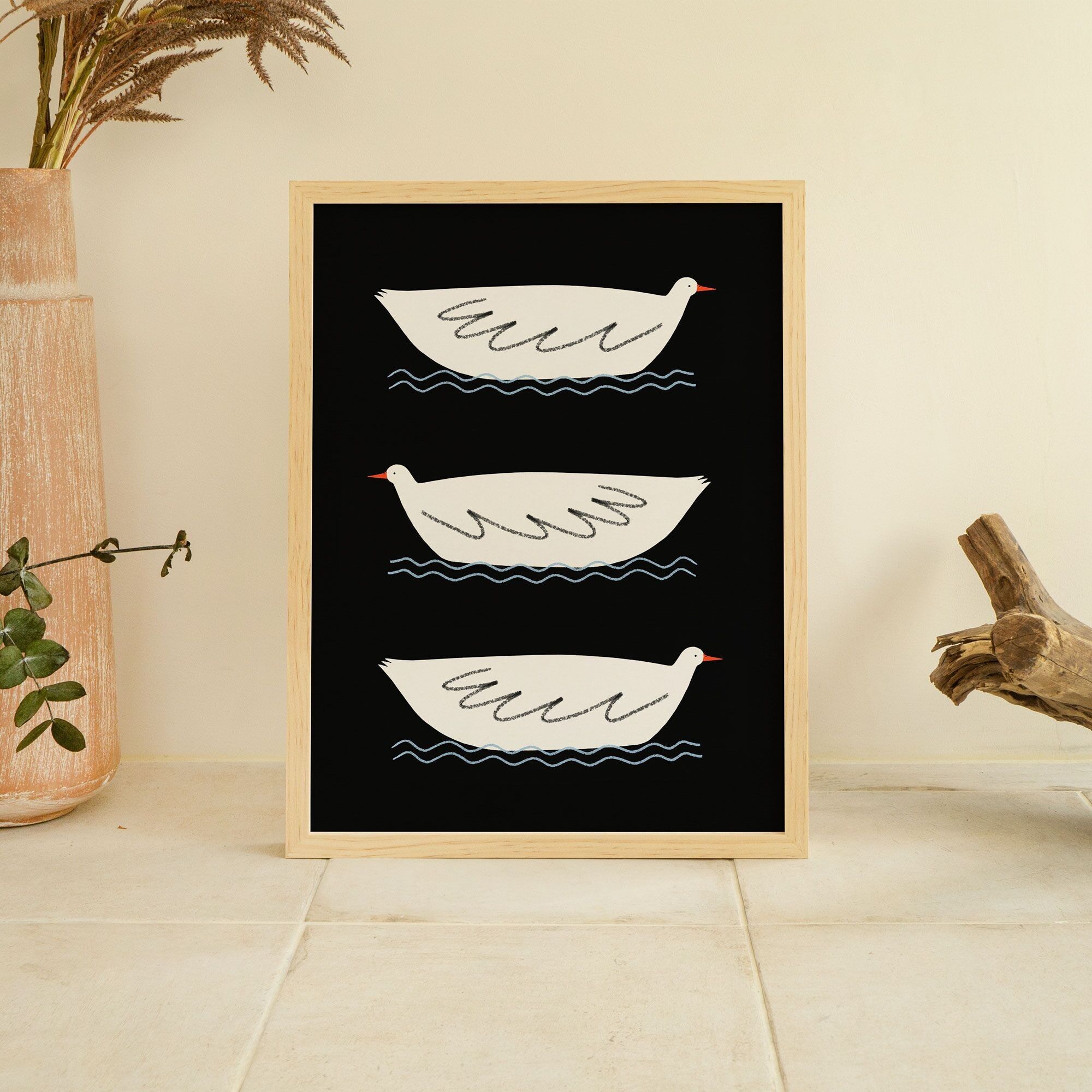 Stampa artistica di tre anatre | Arte della parete della scuola materna | Arte da parete per bambini | A5 A4 A3