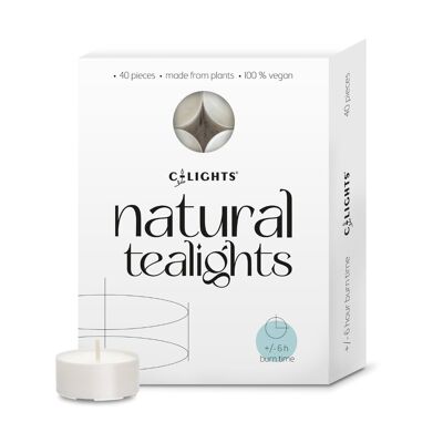 C-lights Natürliche Teelichter | 40 Stück | Vegan | 6 Brennstunden | 100 % pflanzliches Wachs und Docht aus Öko-Baumwolle