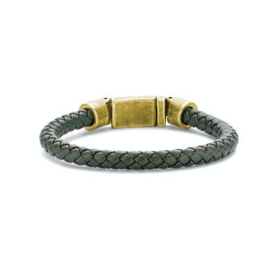 Bracelet Frank 1967 acier cuir tressé vert foncé cadenas acier doré vintage