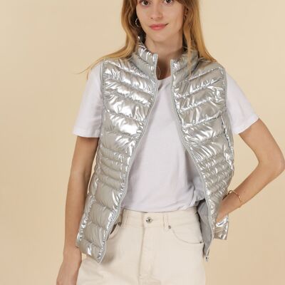 Basic silver metal sleeveless padded jacket