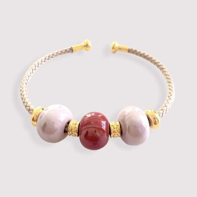 Bracelet orné de perles en céramique émaillée de couleur rose pâle et rouge